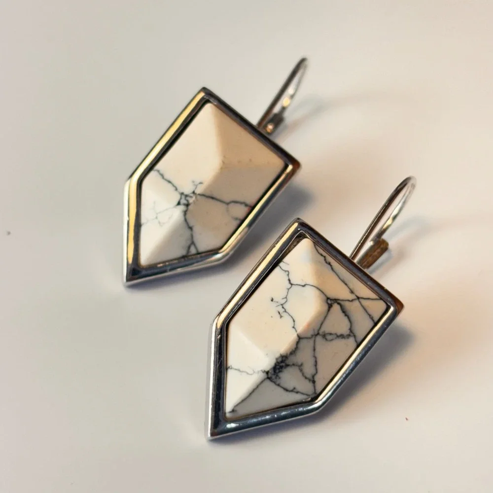 Geometric Shield Drop Earrings White Marble Silver Tone Boho Statement Modern
